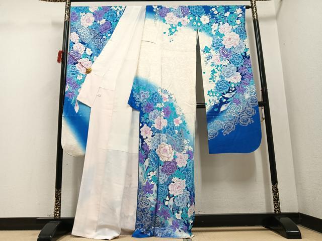 平和屋着物●ブライダルファッションデザイナー・桂由美 振袖 花蝶文 銀彩 正絹 逸品 AABD3984ph