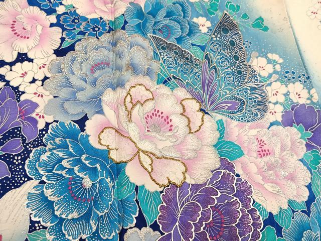 平和屋着物●ブライダルファッションデザイナー・桂由美 振袖 花蝶文 銀彩 正絹 逸品 AABD3984ph