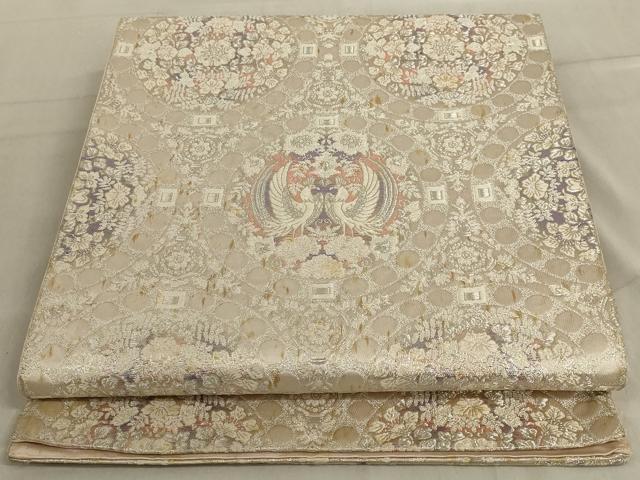 平和屋着物◎六通柄袋帯 唐織 双鳥花丸文 銀糸 正絹 逸品 AABD4266ou