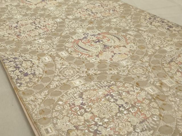 平和屋着物◎六通柄袋帯 唐織 双鳥花丸文 銀糸 正絹 逸品 AABD4266ou