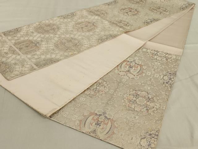 平和屋着物◎六通柄袋帯 唐織 双鳥花丸文 銀糸 正絹 逸品 AABD4266ou