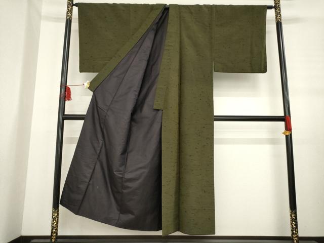 平和屋着物●男性 紬 アンサンブル 海松茶色 正絹 逸品 AABD4329ck