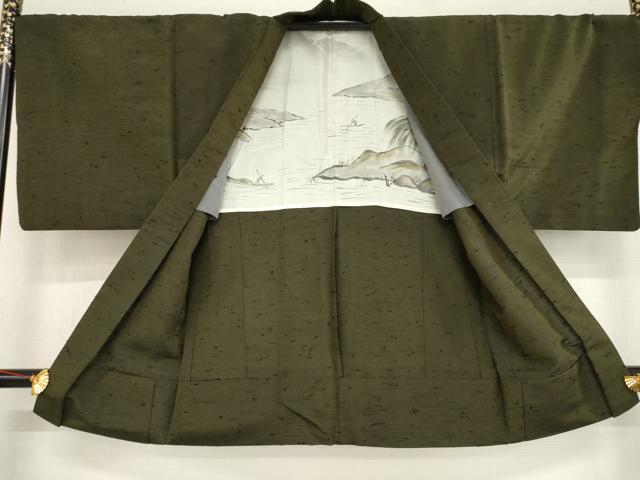 平和屋着物●男性 紬 アンサンブル 海松茶色 正絹 逸品 AABD4329ck