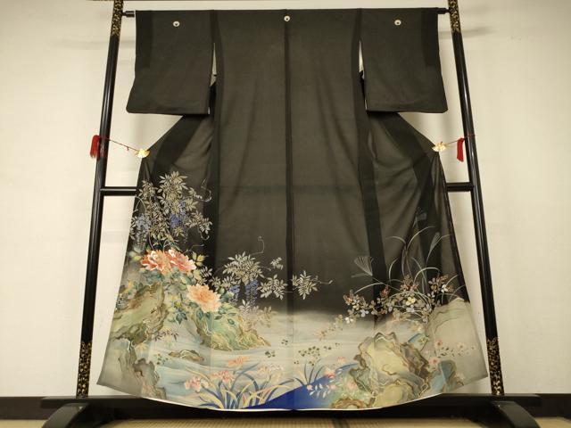 平和屋着物*夏物 黒留袖 絽 刺繍 流水草花文 銀彩 正絹 逸品 AABD4531jd