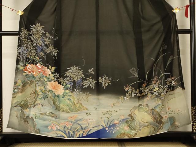 平和屋着物*夏物 黒留袖 絽 刺繍 流水草花文 銀彩 正絹 逸品 AABD4531jd