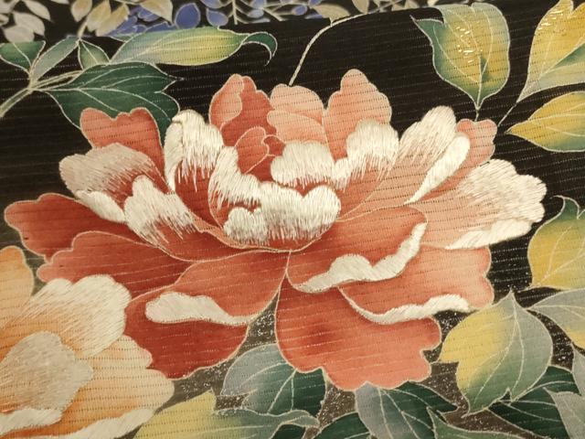 平和屋着物*夏物 黒留袖 絽 刺繍 流水草花文 銀彩 正絹 逸品 AABD4531jd