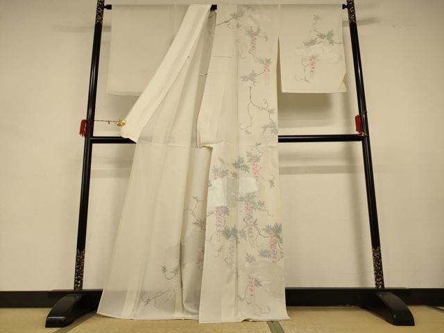 平和屋着物*夏物 訪問着 変わり絽 駒刺繍 草花文 銀彩 正絹 逸品 AABD4539jd