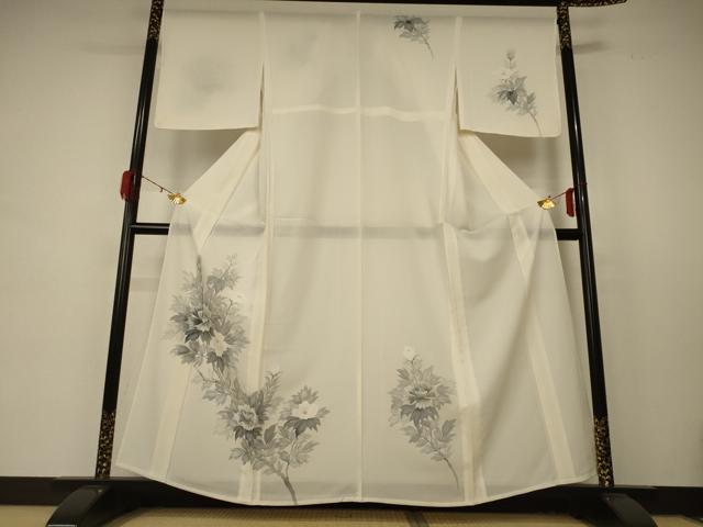 D241 夏着物　訪問着　手描き　花模様　絽　正絹　未使用極美品 夏】未使用 型染め友禅 夏椿 花柄 絽 夏着物 訪問着 正絹 白 クリーム