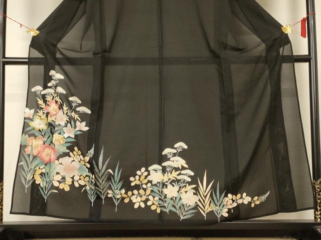 平和屋着物*夏物 黒留袖 絽 刺繍 草花文 金銀彩 正絹 逸品 AABD4669jd