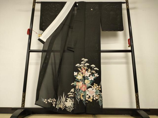 平和屋着物*夏物 黒留袖 絽 刺繍 草花文 金銀彩 正絹 逸品 AABD4669jd
