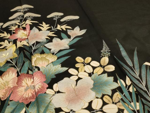 平和屋着物*夏物 黒留袖 絽 刺繍 草花文 金銀彩 正絹 逸品 AABD4669jd