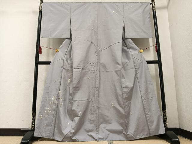 平和屋着物○訪問着 紬地 刺繍 枝花文 正絹 逸品 AABD4773ph