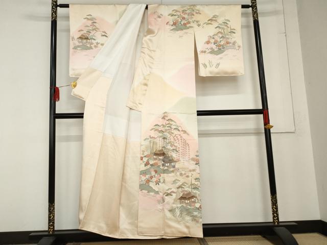 平和屋着物●訪問着 駒刺繍 風景笠松花文 暈し染め 金彩 正絹 逸品 AABD5025cs