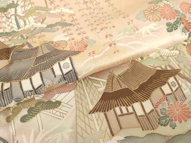 平和屋着物●訪問着 駒刺繍 風景笠松花文 暈し染め 金彩 正絹 逸品 AABD5025cs