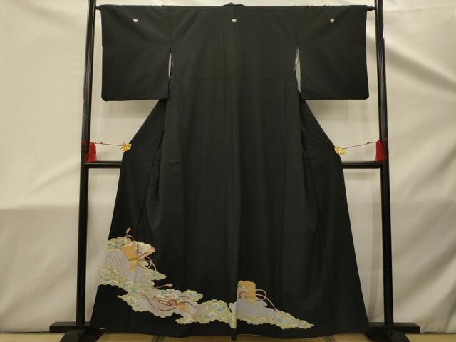平和屋着物■黒留袖 駒刺繍 雲取り扇面花文 金彩 洗える着物 AABD5466sx