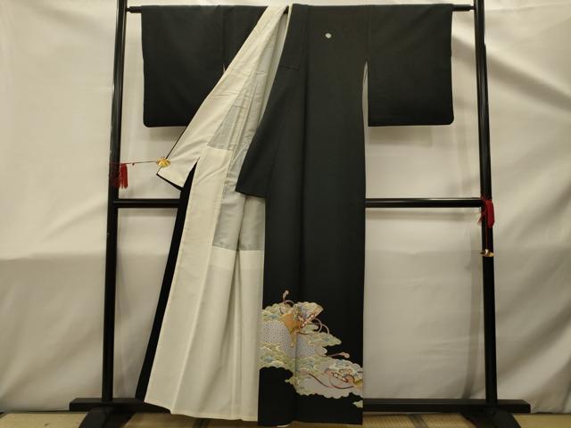 平和屋着物■黒留袖 駒刺繍 雲取り扇面花文 金彩 洗える着物 AABD5466sx