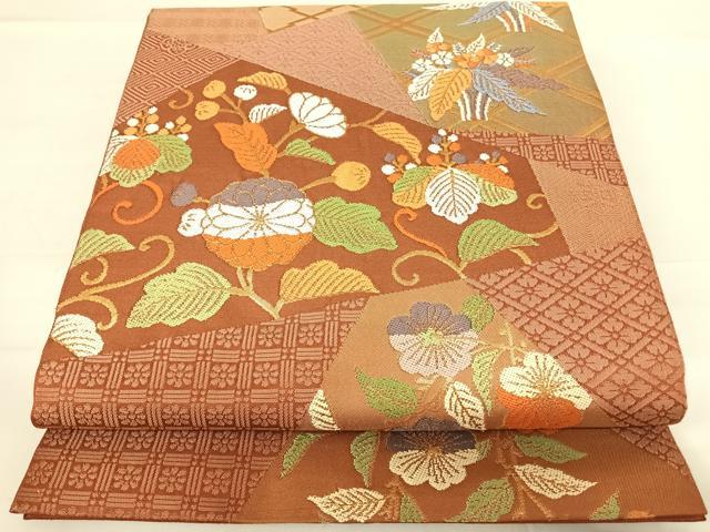 平和屋着物◎全通柄 本袋帯 草花文 金糸 正絹 逸品 AABD5612yx