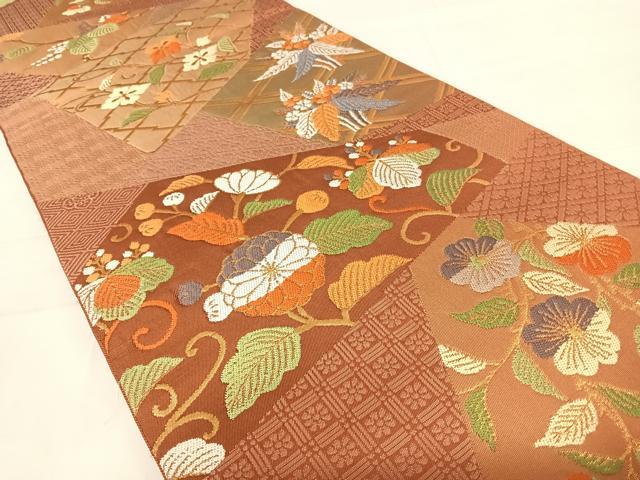 平和屋着物◎全通柄 本袋帯 草花文 金糸 正絹 逸品 AABD5612yx