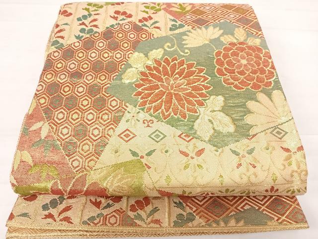 平和屋着物◎佐賀錦 六通柄袋帯 切嵌花文 金糸 正絹 逸品 AABD5619yx