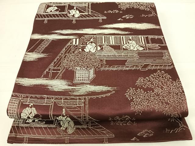 平和屋着物◎六通柄袋帯 人物風景文 銀糸 正絹 逸品 AABD5621yx