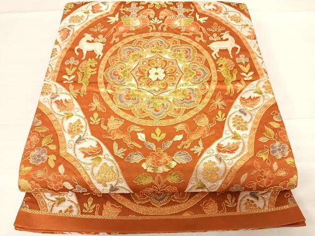 平和屋着物◎六通柄袋帯 狩猟動物花文 金糸 正絹 逸品 AABD5679yx