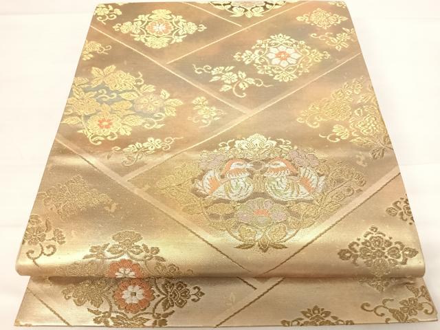 平和屋着物◎六通柄袋帯 檜垣花鳥文 金糸 正絹 逸品 AABD5696yx