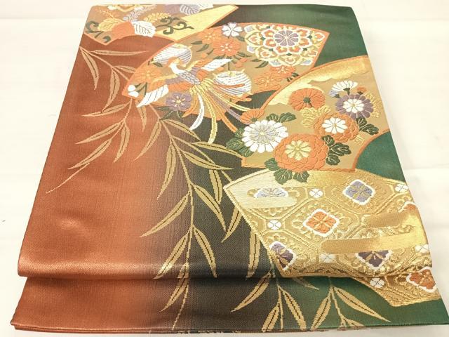 平和屋着物◎六通柄袋帯 唐織 地紙鳳凰花文 金糸 正絹 逸品 AABD5738yx
