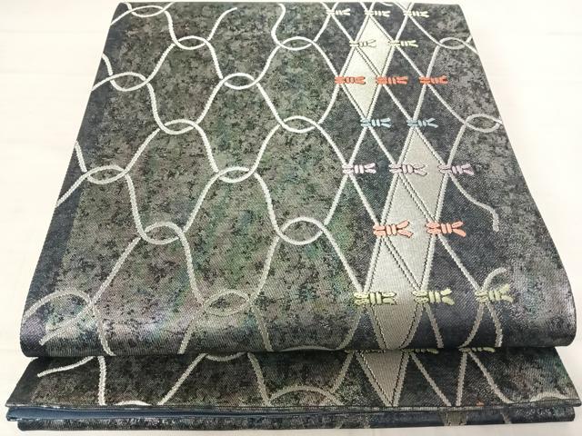平和屋着物◎六通柄袋帯 唐織 幾何学文様 銀糸 引箔 正絹 逸品 AABD5764yx
