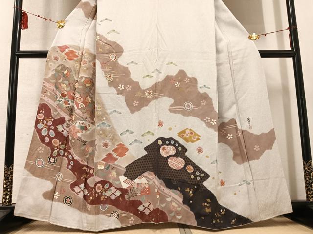 平和屋着物●京友禅の第一人者 松井青々 訪問着 駒刺繍 扇面花文 金彩 正絹 逸品 AABD5985ph