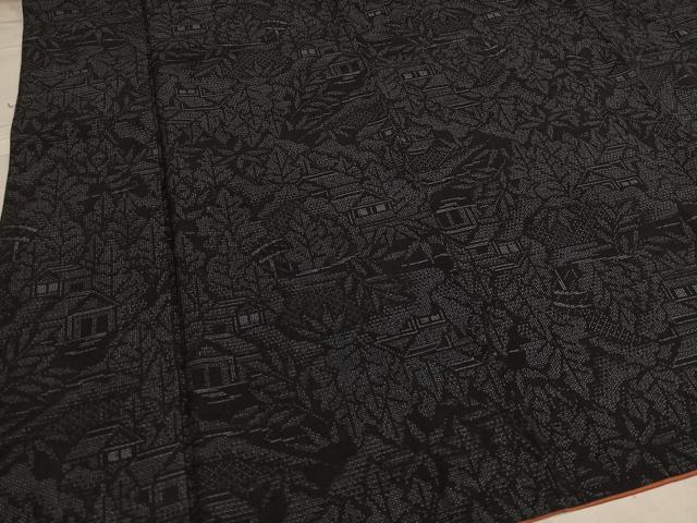 平和屋着物●結城紬 100亀甲 風景樹林文 正絹 逸品 AABD5996ph