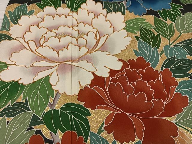 平和屋着物●豪華振袖 駒刺繍 牡丹 黒地 金彩 正絹 逸品 AABD6019ph
