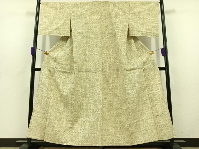 平和屋着物▽上質な紬 単衣 草花文 正絹 逸品 AABD6051jh