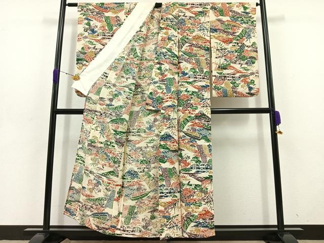 平和屋着物▽上質な小紋 単衣 型染め 風景花文 鬼しぼ縮緬 正絹 逸品 AABD6057jh