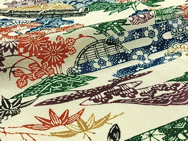 平和屋着物▽上質な小紋 単衣 型染め 風景花文 鬼しぼ縮緬 正絹 逸品 AABD6057jh