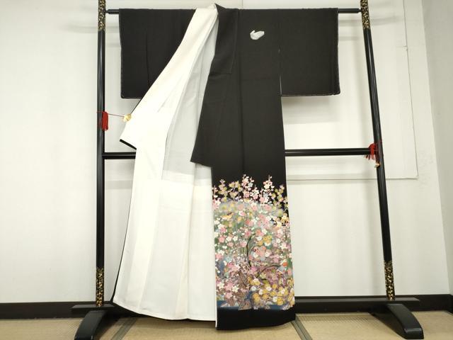 平和屋着物●豪華黒留袖 友禅 作家物 枝花に休み鳥 暈し染め 正絹 逸品 AABD6209cs