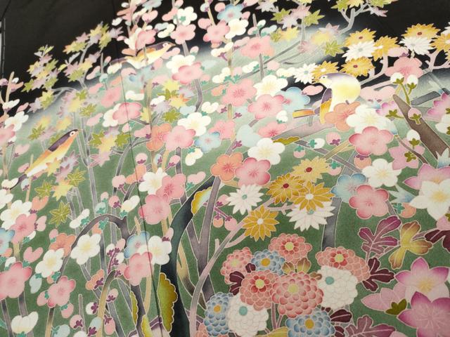 平和屋着物●豪華黒留袖 友禅 作家物 枝花に休み鳥 暈し染め 正絹 逸品 AABD6209cs