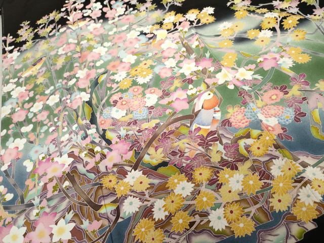 平和屋着物●豪華黒留袖 友禅 作家物 枝花に休み鳥 暈し染め 正絹 逸品 AABD6209cs