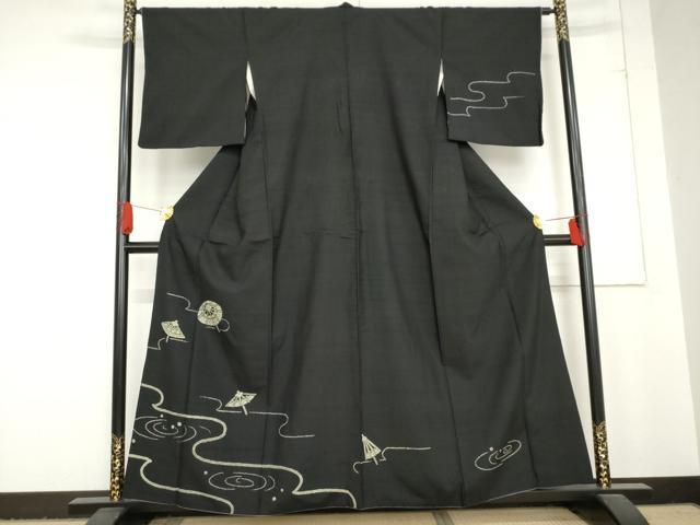 平和屋着物●訪問着 紬地 番傘 黒地 正絹 逸品 AABD6240cs
