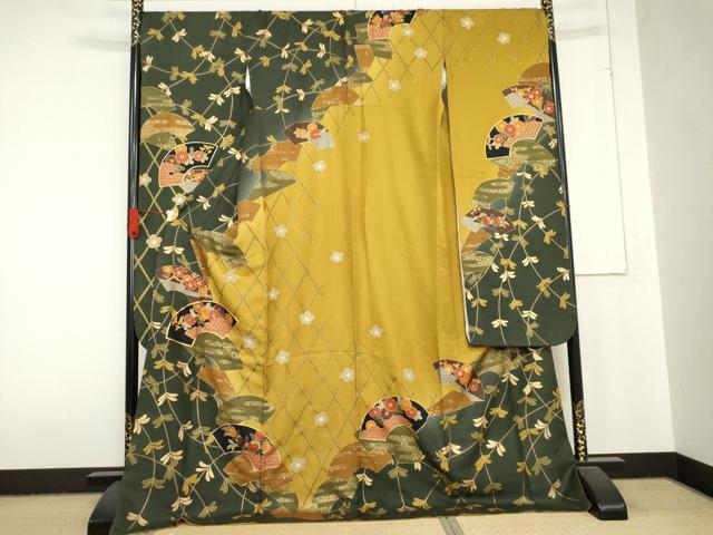 平和屋着物○豪華振袖 駒刺繍 地紙花文 金彩 ロング丈 正絹