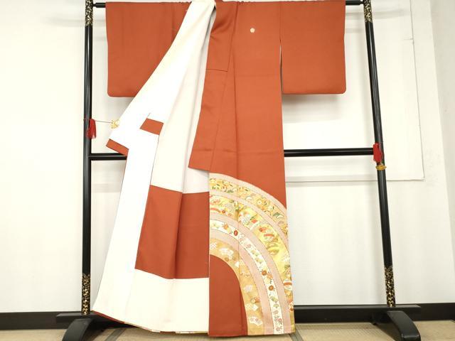 平和屋着物●豪華色留袖 駒刺繍 吉祥花鈴文 金糸 金彩 正絹 逸品 AABD6322cs