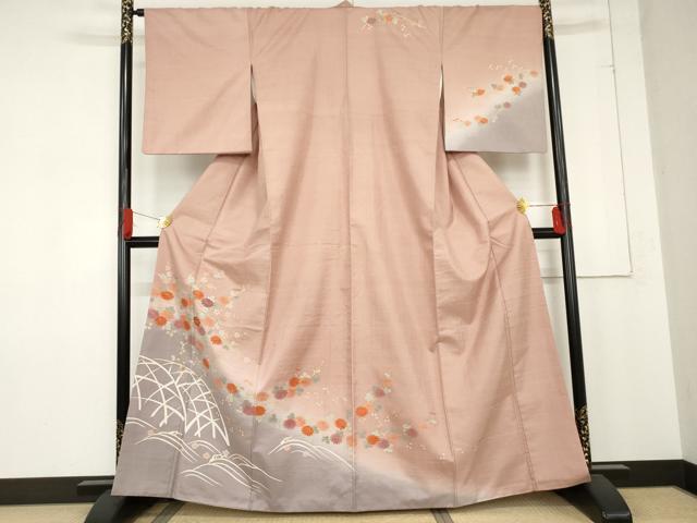 平和屋着物●訪問着 紬地 刺繍 立波枝花文 金彩 正絹 逸品 AABD6397cs