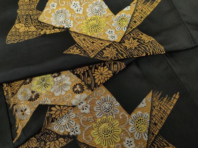 平和屋着物●上質な紬 花唐草文 楓 黒地 正絹 逸品 AABD6410cs