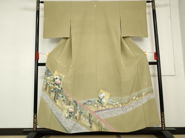 平和屋着物●十日町友禅作家 阿部佳雪 色留袖 笹竹 千鳥 色紙風景花文 金彩 正絹 逸品 AABD6439cs