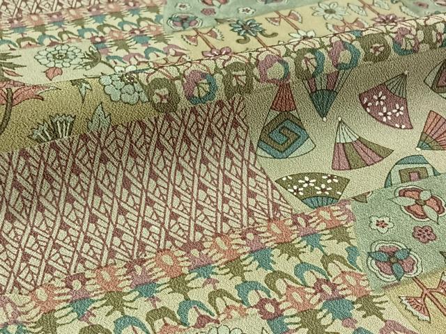 平和屋着物▽上質な小紋 単衣 横段花文 正絹 逸品 AABD6454jh
