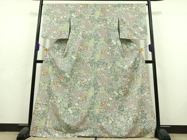 平和屋着物▽上質な小紋 単衣 手描き 草花文 ロング丈 正絹 逸品 AABD6466jh