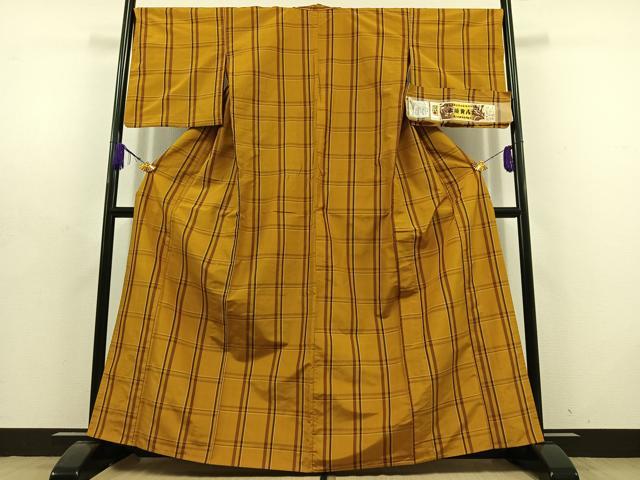 平和屋着物▽本場黄八丈 平織 紬 単衣 格子 証紙付き 正絹 逸品 AABD6473jh