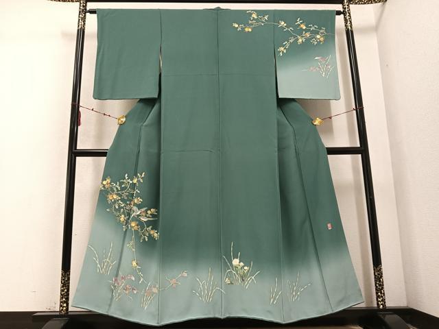平和屋着物●訪問着 友禅 作家物 枝花に休み鳥 暈し染め 正絹 逸品 AABD6519ph