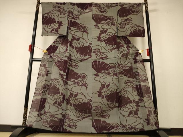 平和屋着物*夏物 紗紬 扇子草花文 正絹 逸品 未使用 AABD6590jd
