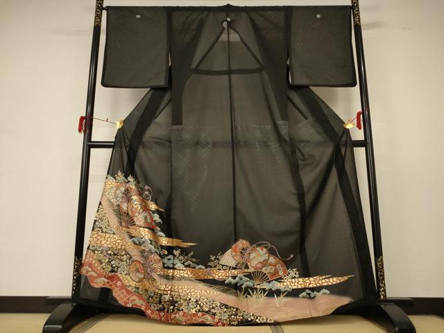 平和屋着物*夏物 黒留袖 絽 扇子鼓文 金彩 洗える着物 AABD6620jd