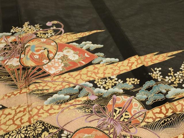 平和屋着物*夏物 黒留袖 絽 扇子鼓文 金彩 洗える着物 AABD6620jd